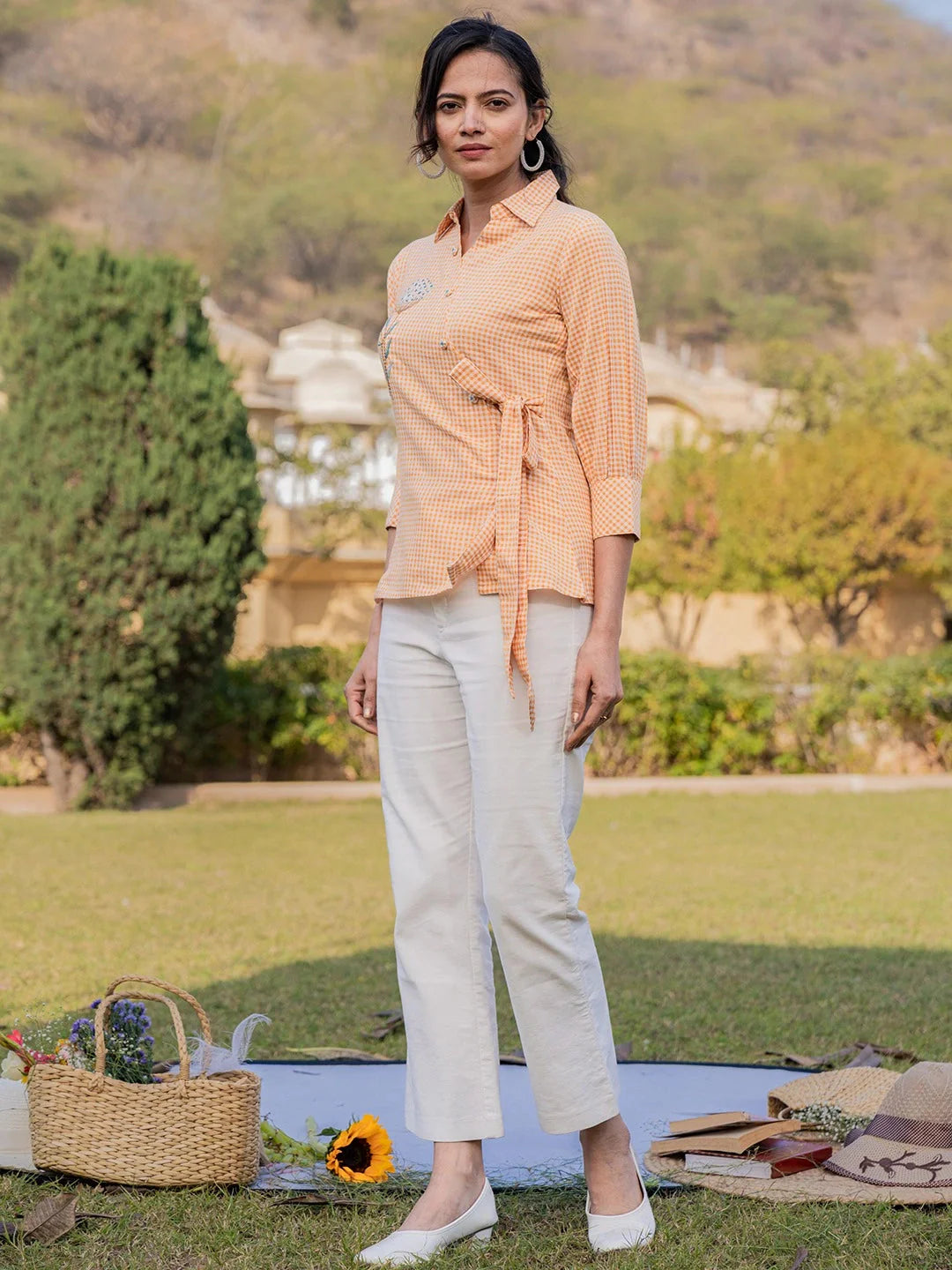 Yufta Mustard Cotton Checks Print Top With Embroidery