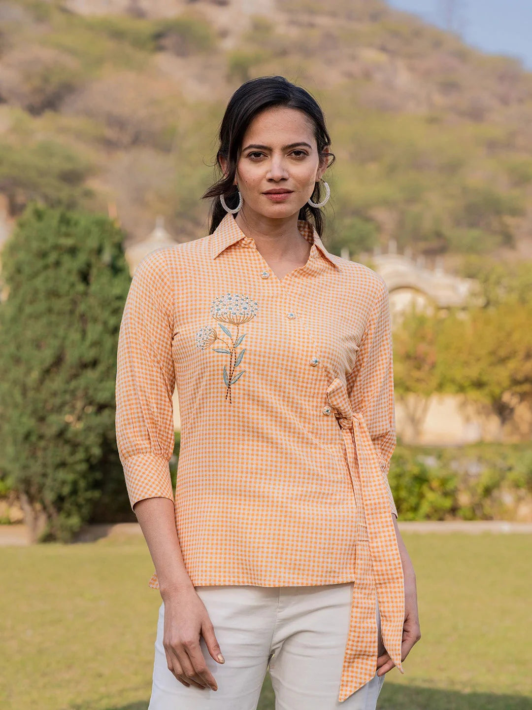 Yufta Mustard Cotton Checks Print Top With Embroidery - Distacart