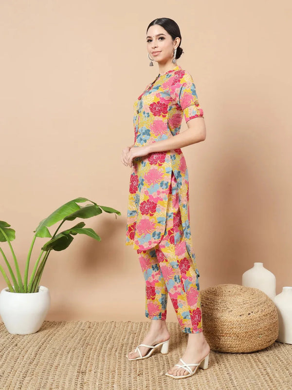 Yufta Mustard Floral Print Hand Work On Yoke Cotton Co-Ord Set