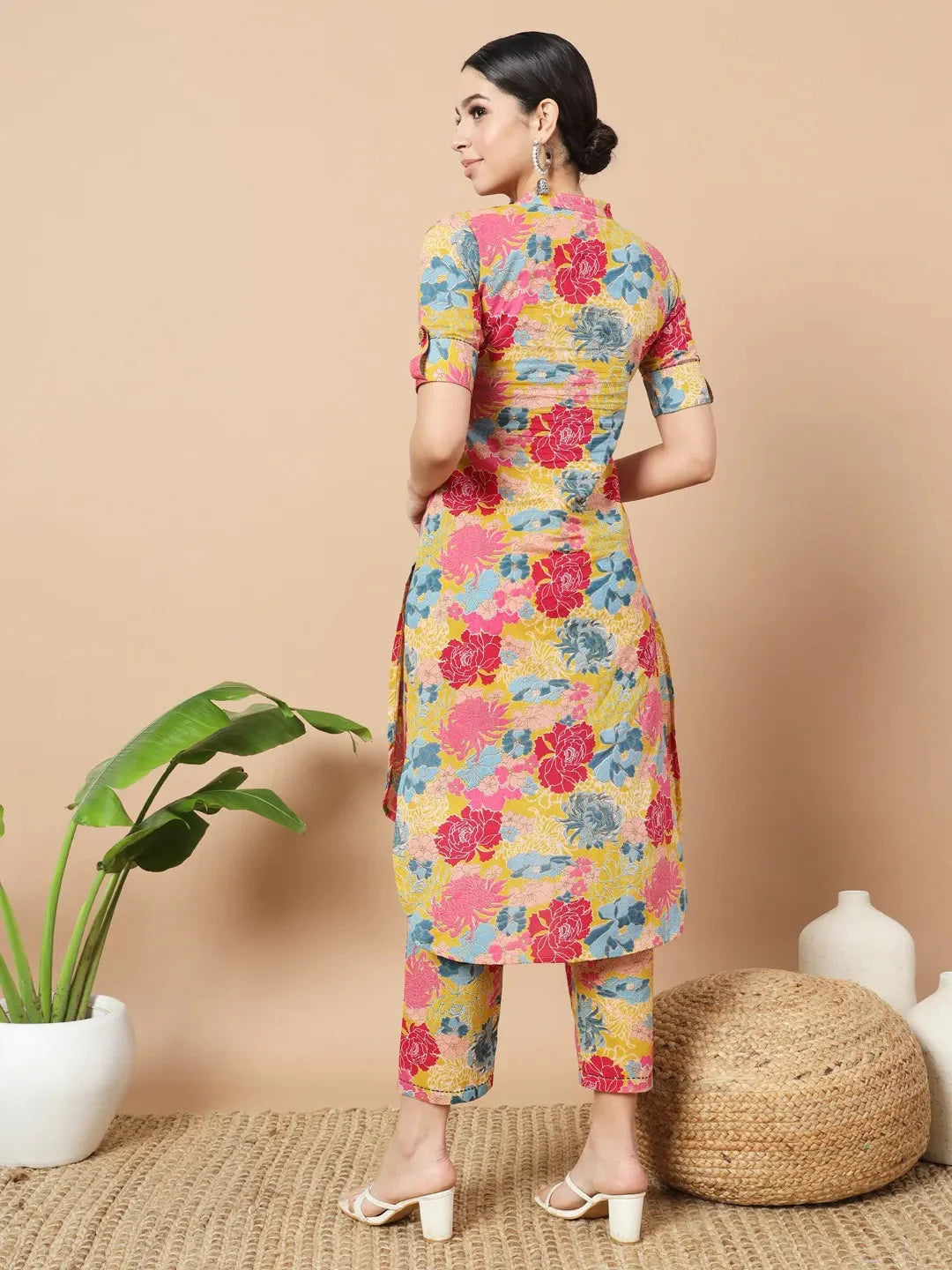 Yufta Mustard Floral Print Hand Work On Yoke Cotton Co-Ord Set