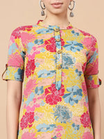 Thumbnail for Yufta Mustard Floral Print Hand Work On Yoke Cotton Co-Ord Set