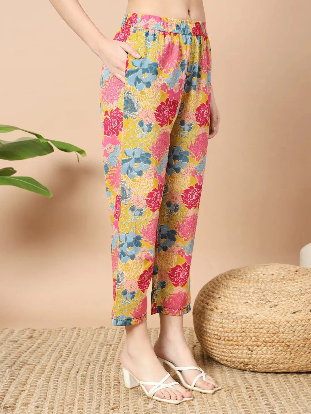 Yufta Mustard Floral Print Hand Work On Yoke Cotton Co-Ord Set
