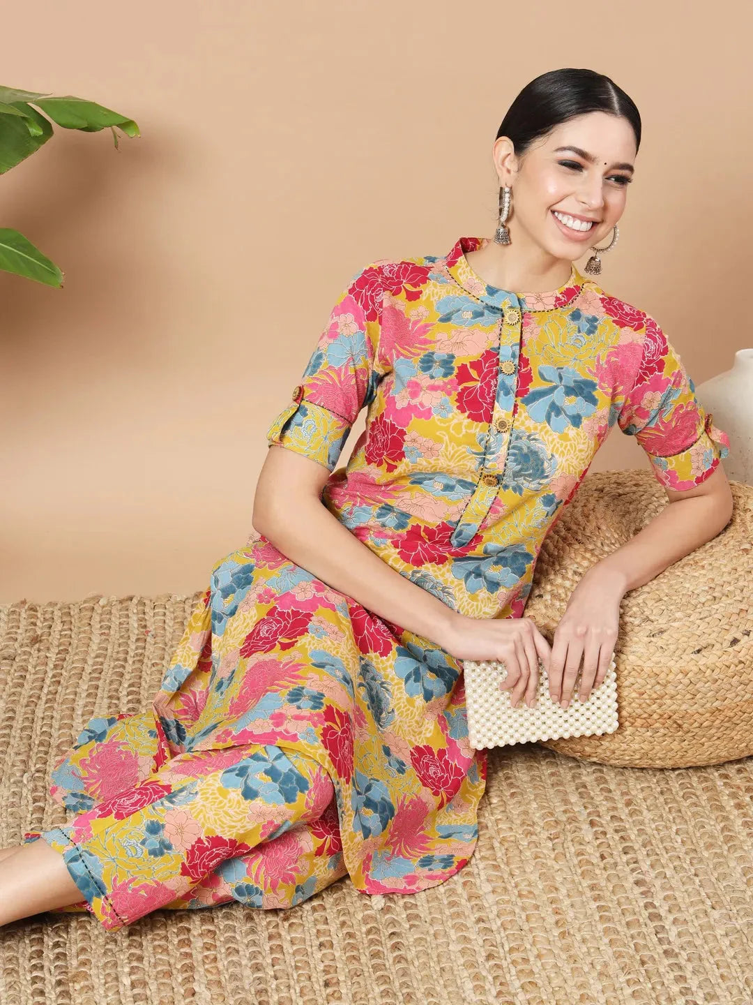 Yufta Mustard Floral Print Hand Work On Yoke Cotton Co-Ord Set