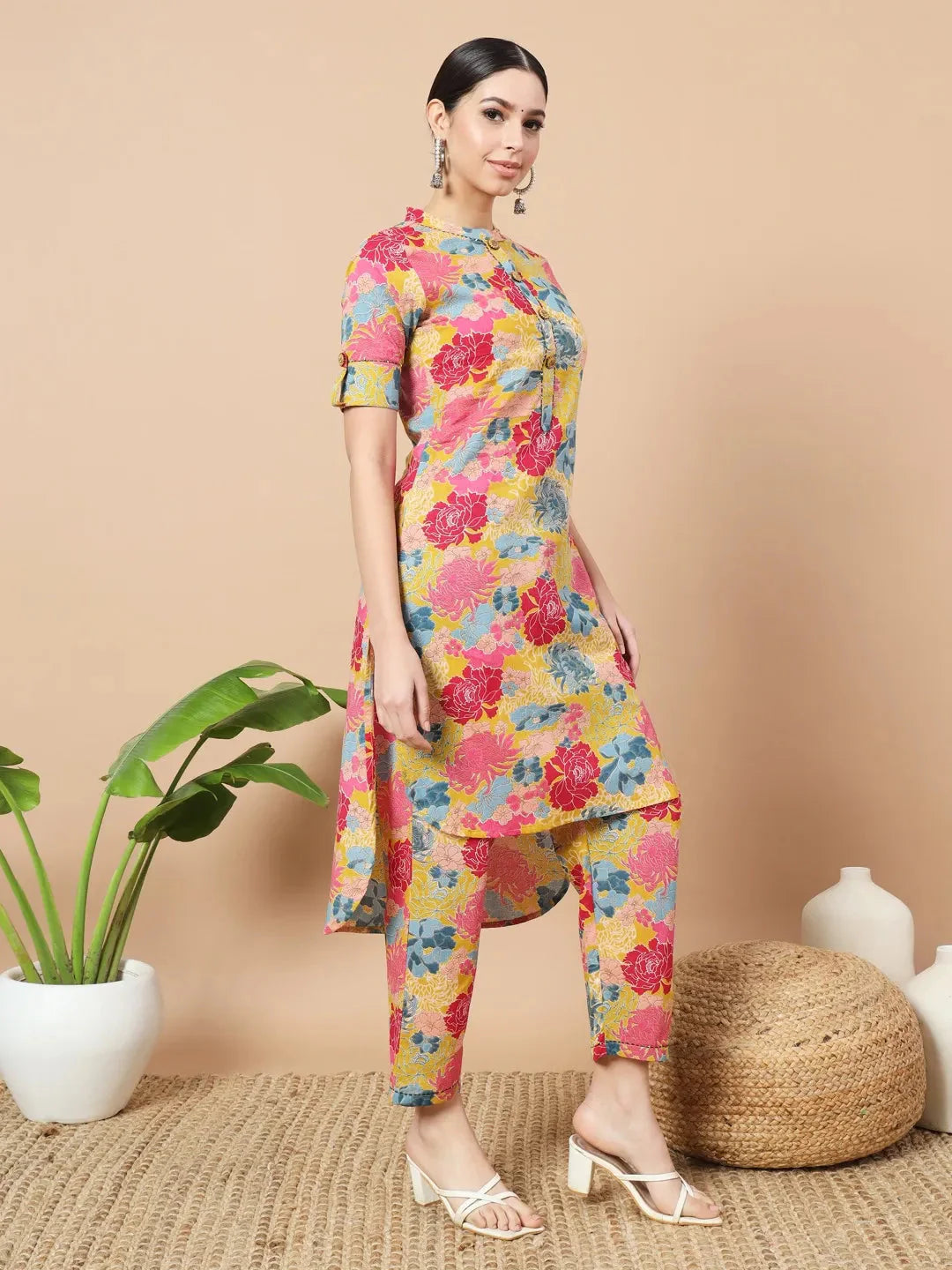 Yufta Mustard Floral Print Hand Work On Yoke Cotton Co-Ord Set
