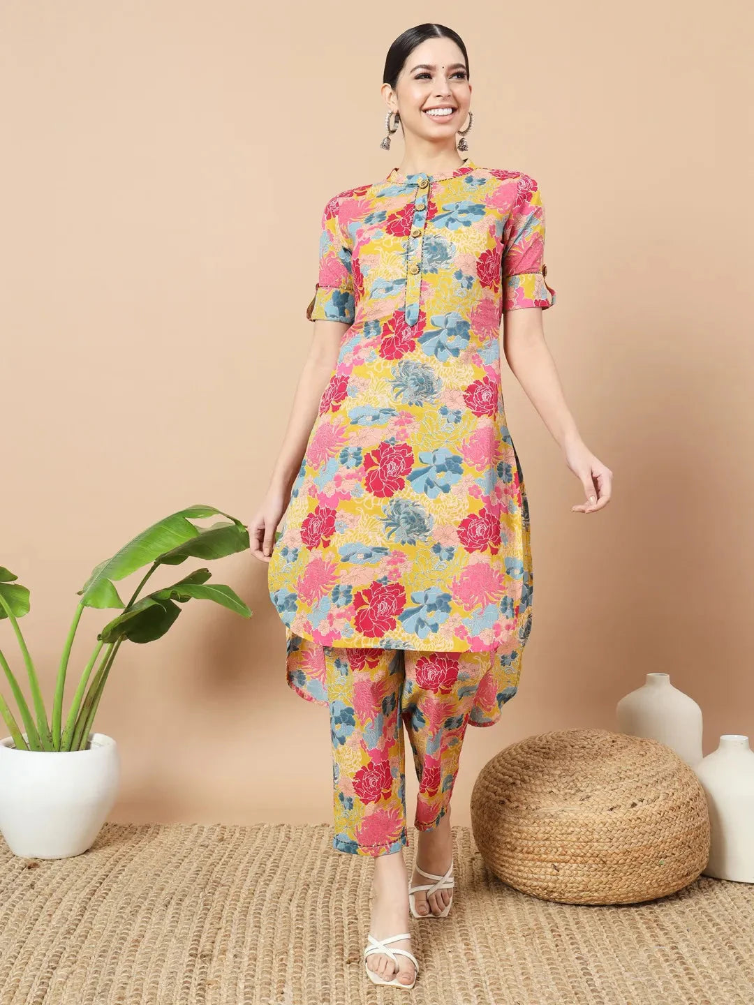 Yufta Mustard Floral Print Hand Work On Yoke Cotton Co-Ord Set - Distacart
