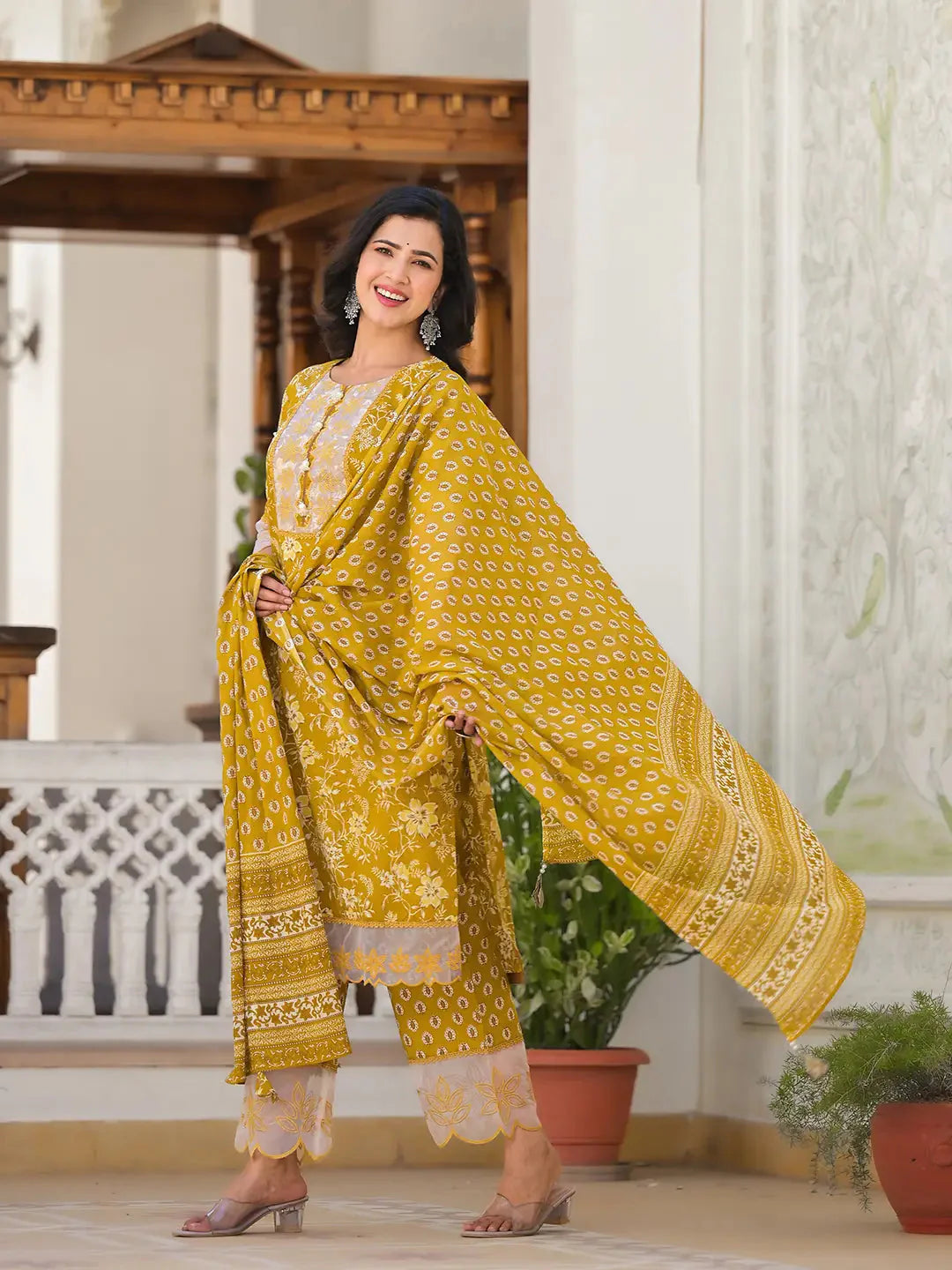 Yufta Mustard Floral Print Pakistani Style Kurta Trouser And Dupatta Set - Distacart