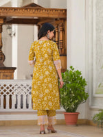 Thumbnail for Yufta Mustard Floral Print Pakistani Style Kurta Trouser And Dupatta Set