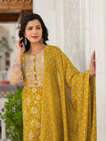 Thumbnail for Yufta Mustard Floral Print Pakistani Style Kurta Trouser And Dupatta Set