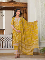 Thumbnail for Yufta Mustard Floral Print Pakistani Style Kurta Trouser And Dupatta Set