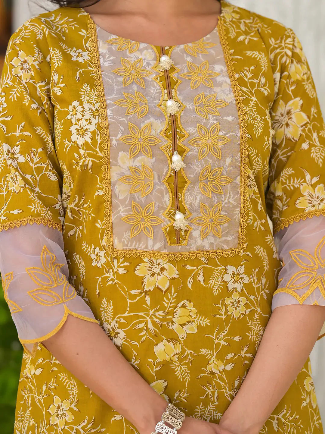 Yufta Mustard Floral Print Pakistani Style Kurta Trouser And Dupatta Set