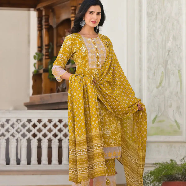 Yufta Mustard Floral Print Pakistani Style Kurta Trouser And Dupatta Set - Distacart