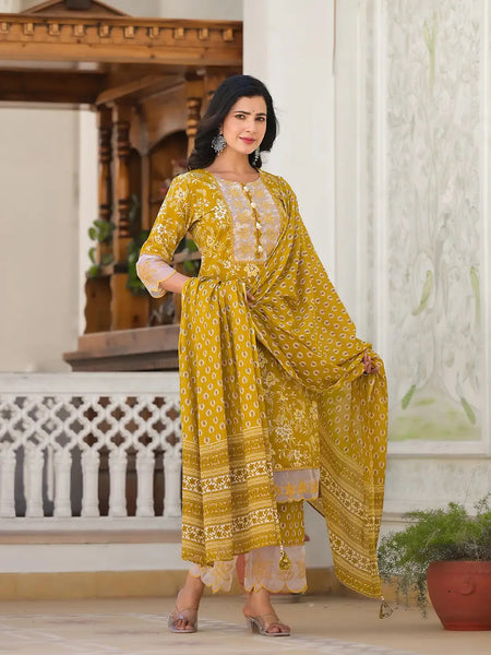 Yufta Mustard Floral Print Pakistani Style Kurta Trouser And Dupatta Set