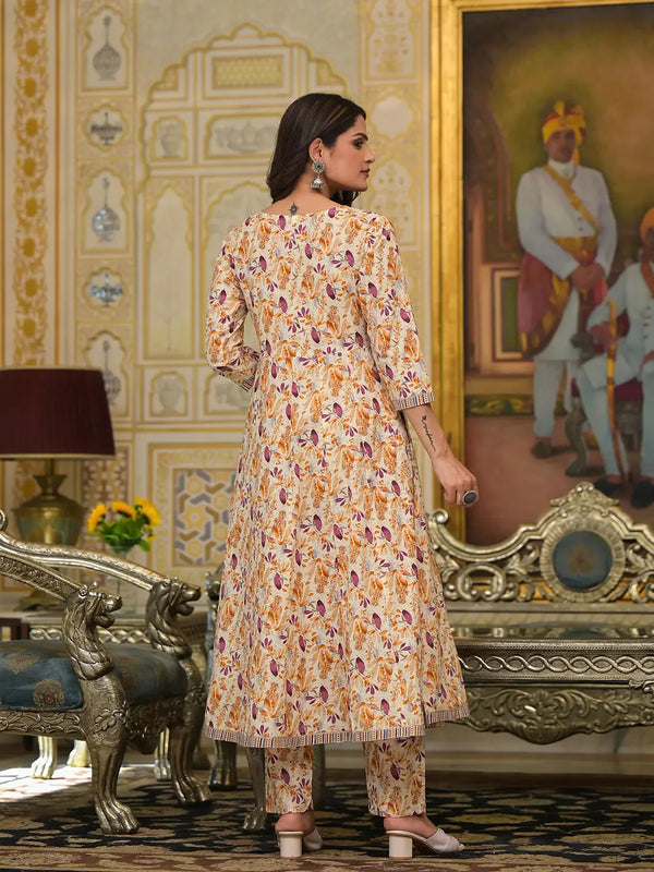 Yufta Mustard Leaf Print Zari Work Anarkali Kurta Trouser With Dupatta Set - Distacart