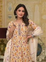 Thumbnail for Yufta Mustard Leaf Print Zari Work Anarkali Kurta Trouser With Dupatta Set - Distacart
