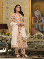 Thumbnail for Yufta Mustard Leaf Print Zari Work Anarkali Kurta Trouser With Dupatta Set - Distacart