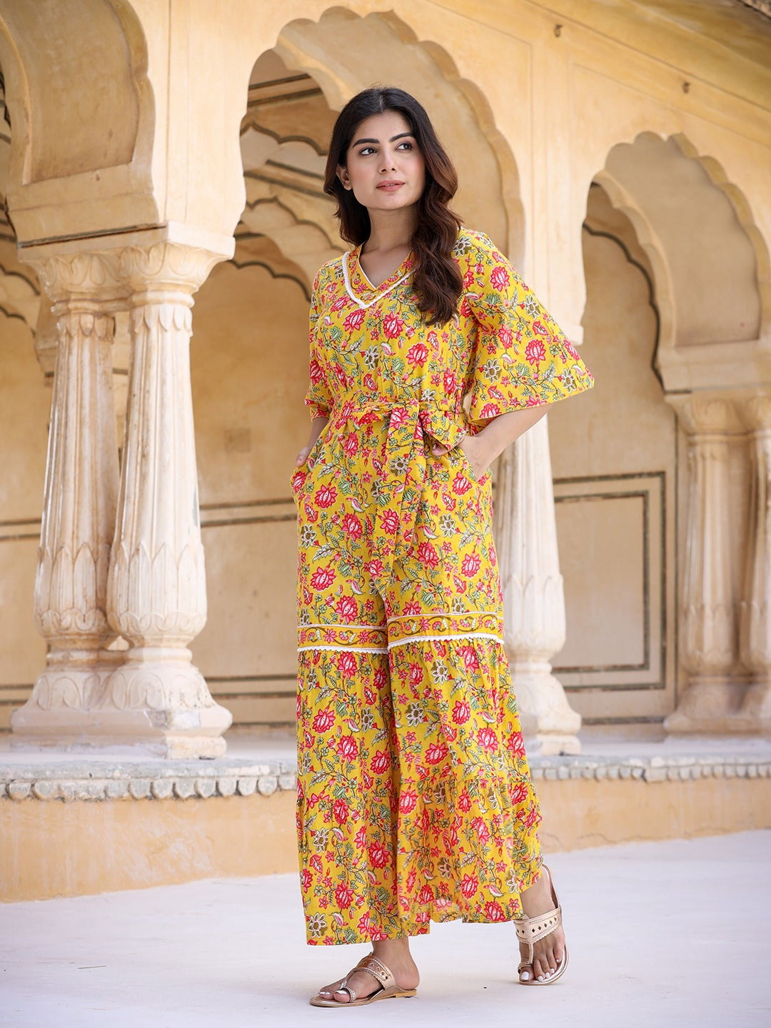 Yufta Mustard Printed Jumpsuit - Distacart