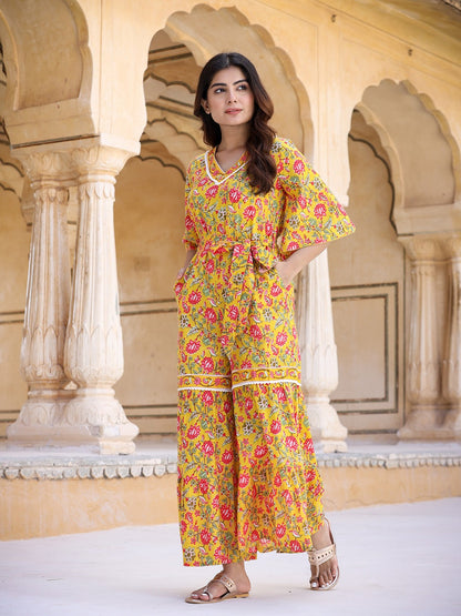 Yufta Mustard Printed Jumpsuit - Distacart