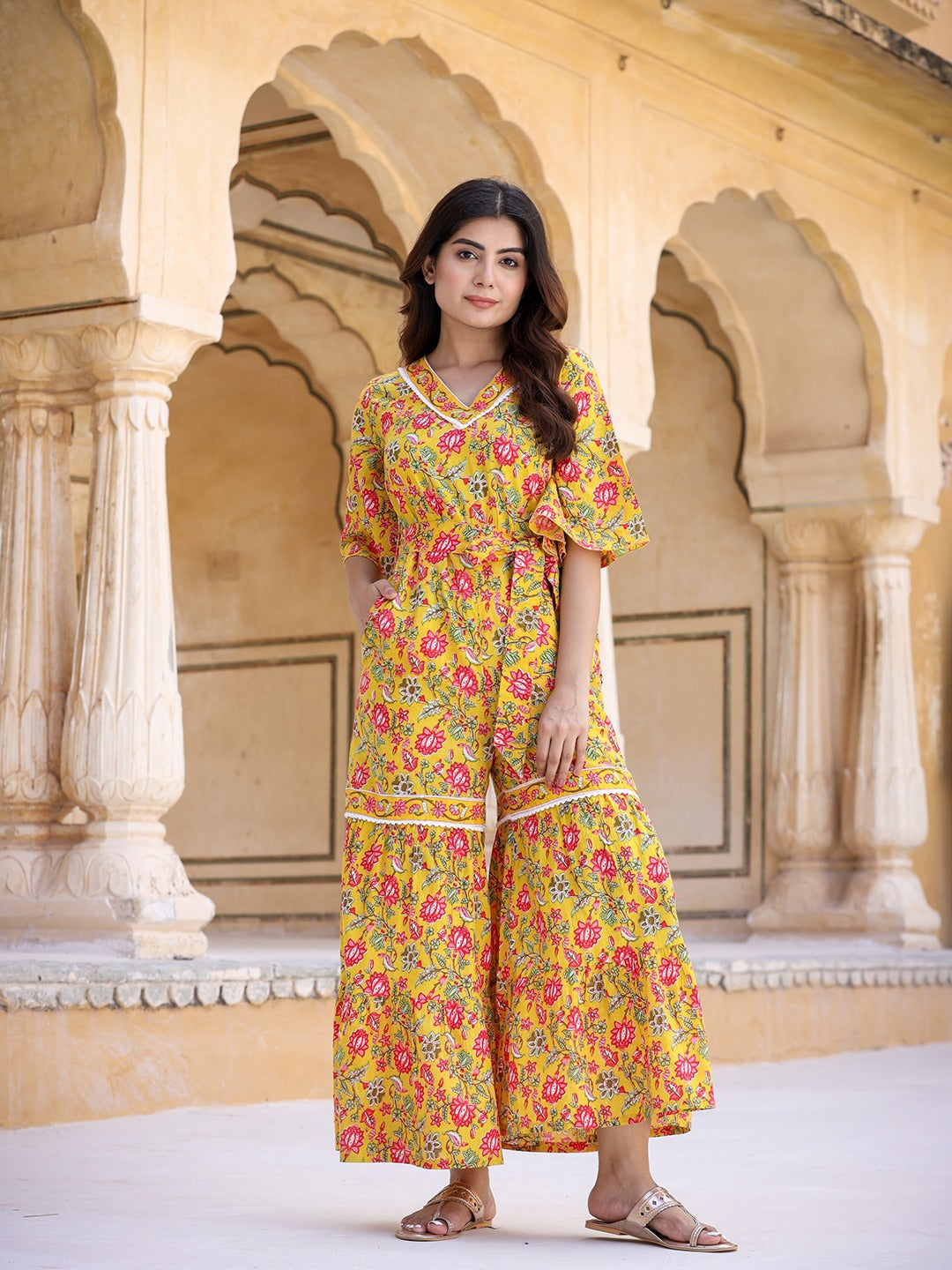 Yufta Mustard Printed Jumpsuit - Distacart