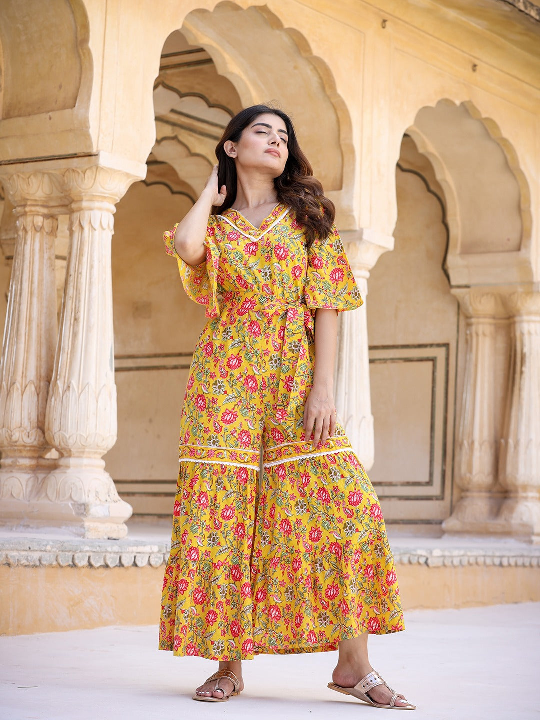 Yufta Mustard Printed Jumpsuit - Distacart