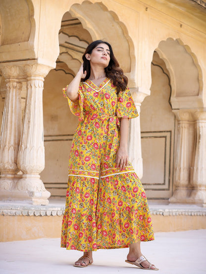 Yufta Mustard Printed Jumpsuit - Distacart