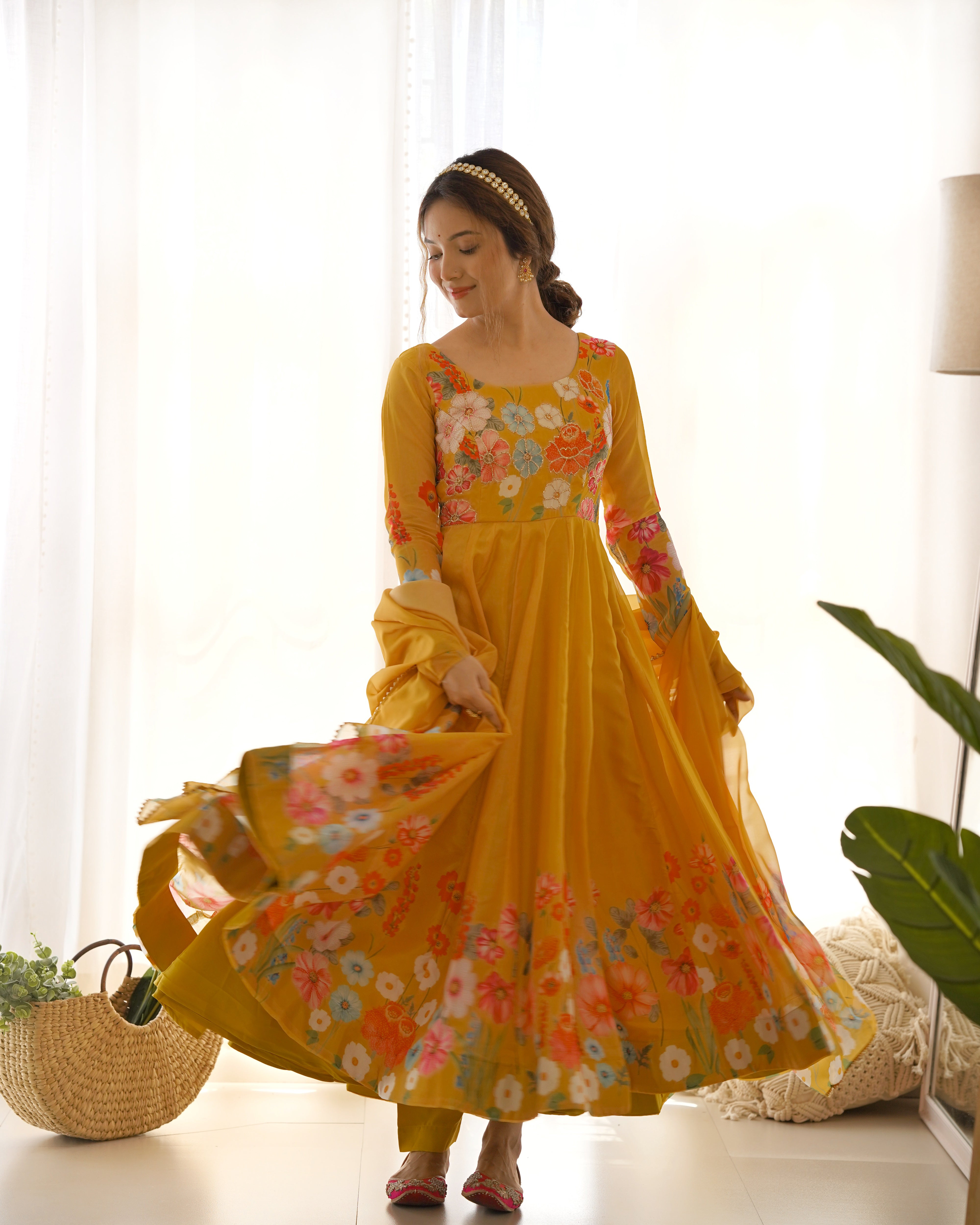 Lorenvalley Parrot Soft Organza Silk With Floral Print Fully Flared Anarkali Pant With Dupatta Set - Mustard - Distacart