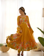 Thumbnail for Lorenvalley Parrot Soft Organza Silk With Floral Print Fully Flared Anarkali Pant With Dupatta Set - Mustard - Distacart