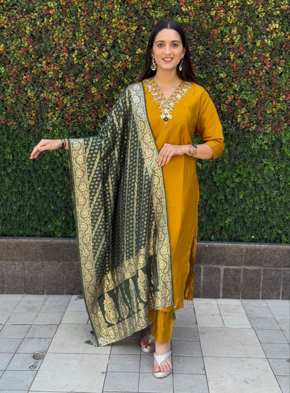Lorenvalley Fashion Mustard Roman Silk Hand Work Kurta Pant with Dupatta