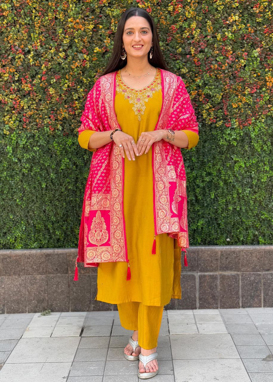Lorenvalley Fashion Mustard Roman Silk Hand Work Kurta Pant with Dupatta