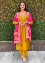 Thumbnail for Lorenvalley Fashion Mustard Roman Silk Hand Work Kurta Pant with Dupatta
