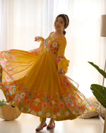 Thumbnail for Lorenvalley Parrot Soft Organza Silk With Floral Print Fully Flared Anarkali Pant With Dupatta Set - Mustard - Distacart