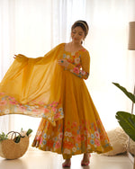Thumbnail for Lorenvalley Parrot Soft Organza Silk With Floral Print Fully Flared Anarkali Pant With Dupatta Set - Mustard - Distacart