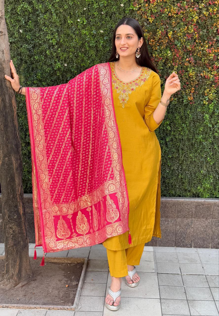 Lorenvalley Fashion Mustard Roman Silk Hand Work Kurta Pant with Dupatta