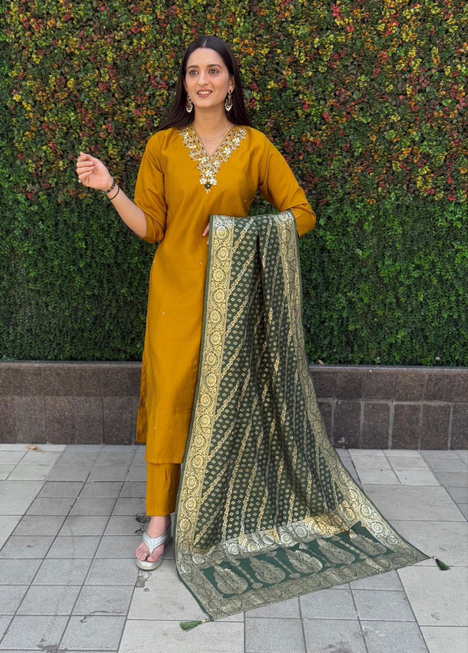 Lorenvalley Fashion Mustard Roman Silk Hand Work Kurta Pant with Dupatta