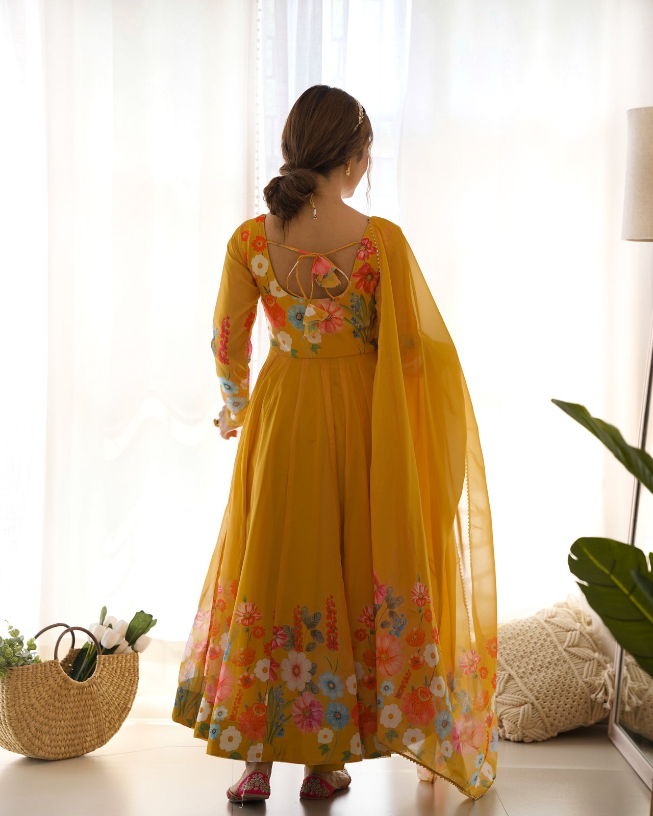 Lorenvalley Parrot Soft Organza Silk With Floral Print Fully Flared Anarkali Pant With Dupatta Set - Mustard