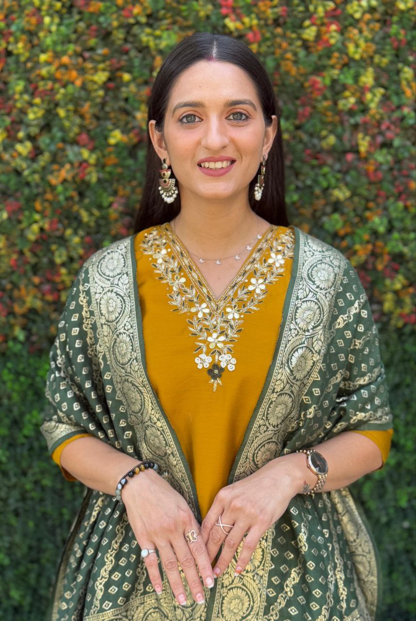 Lorenvalley Fashion Mustard Roman Silk Hand Work Kurta Pant with Dupatta