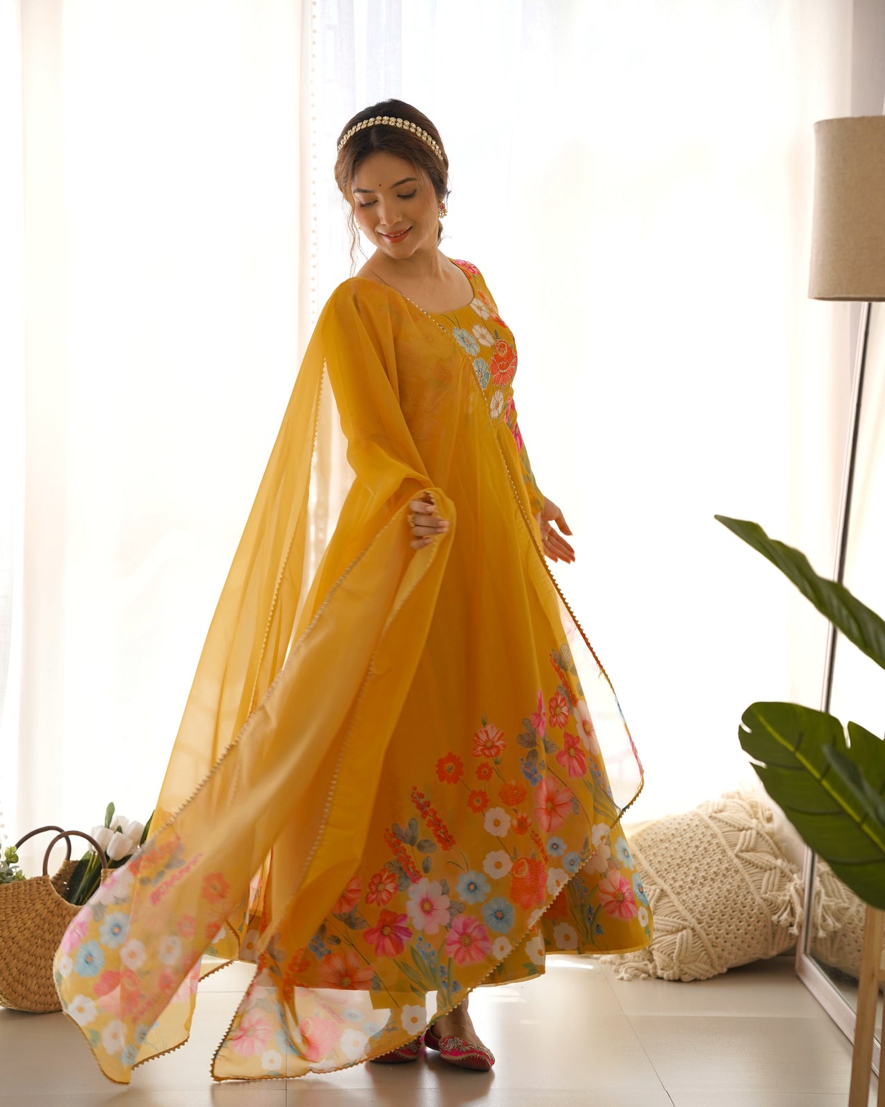 Lorenvalley Parrot Soft Organza Silk With Floral Print Fully Flared Anarkali Pant With Dupatta Set - Mustard