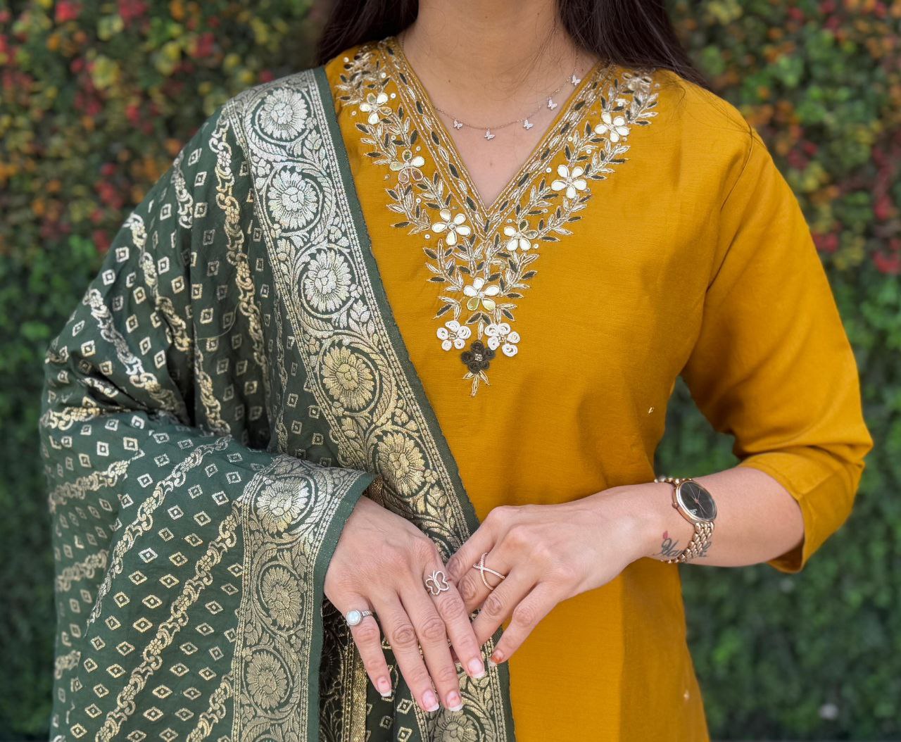 Lorenvalley Fashion Mustard Roman Silk Hand Work Kurta Pant with Dupatta