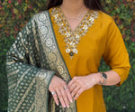 Thumbnail for Lorenvalley Fashion Mustard Roman Silk Hand Work Kurta Pant with Dupatta