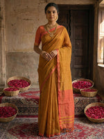 Thumbnail for Anaita Mustard Cotton Printed Saree With Blouse - Distacart