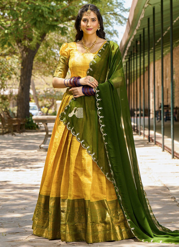 Lorenvalley Mustard Kanjivaram Silk Zari Weaving Lehenga Choli with Dupatta - Distacart