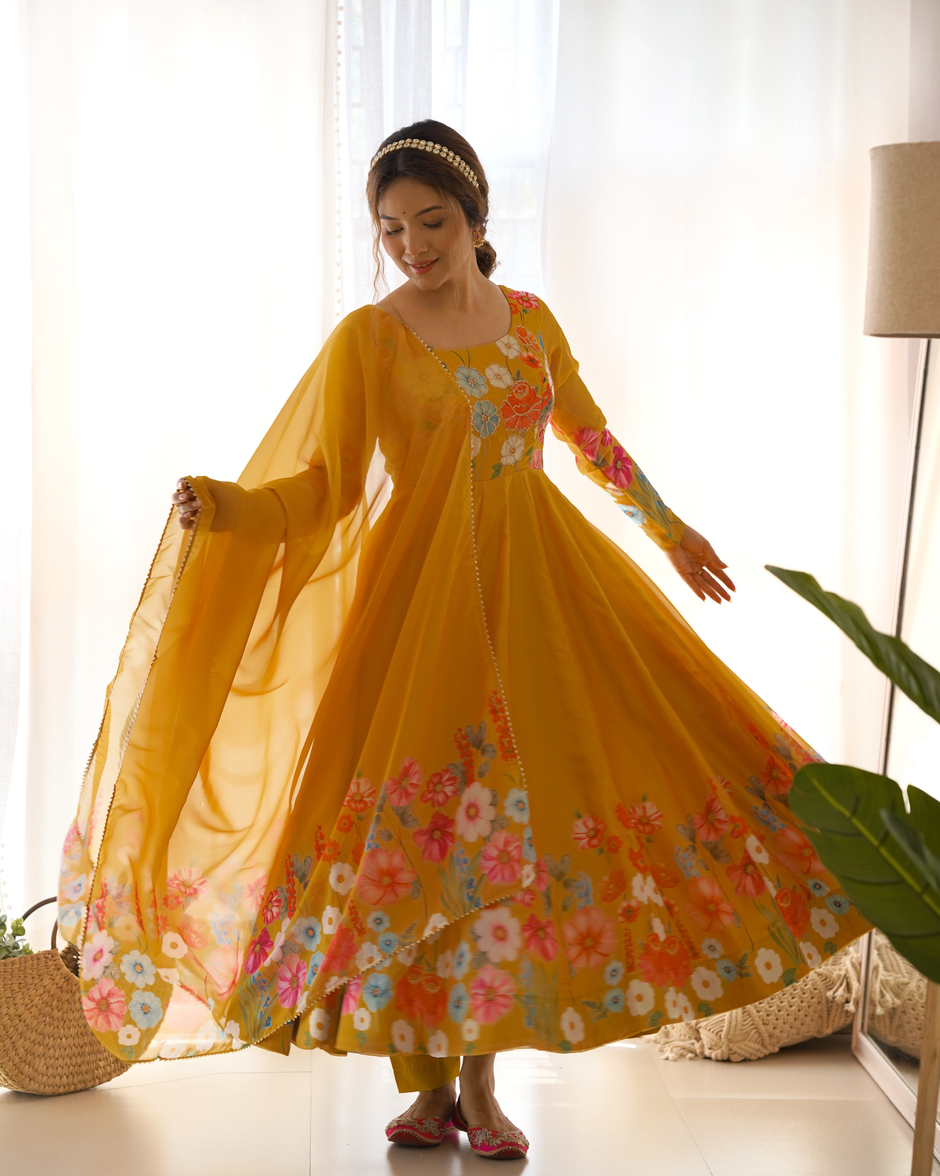Lorenvalley Parrot Soft Organza Silk With Floral Print Fully Flared Anarkali Pant With Dupatta Set - Mustard - Distacart