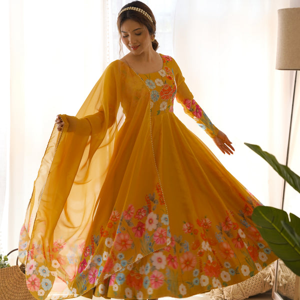 Lorenvalley Parrot Soft Organza Silk With Floral Print Fully Flared Anarkali Pant With Dupatta Set - Mustard - Distacart