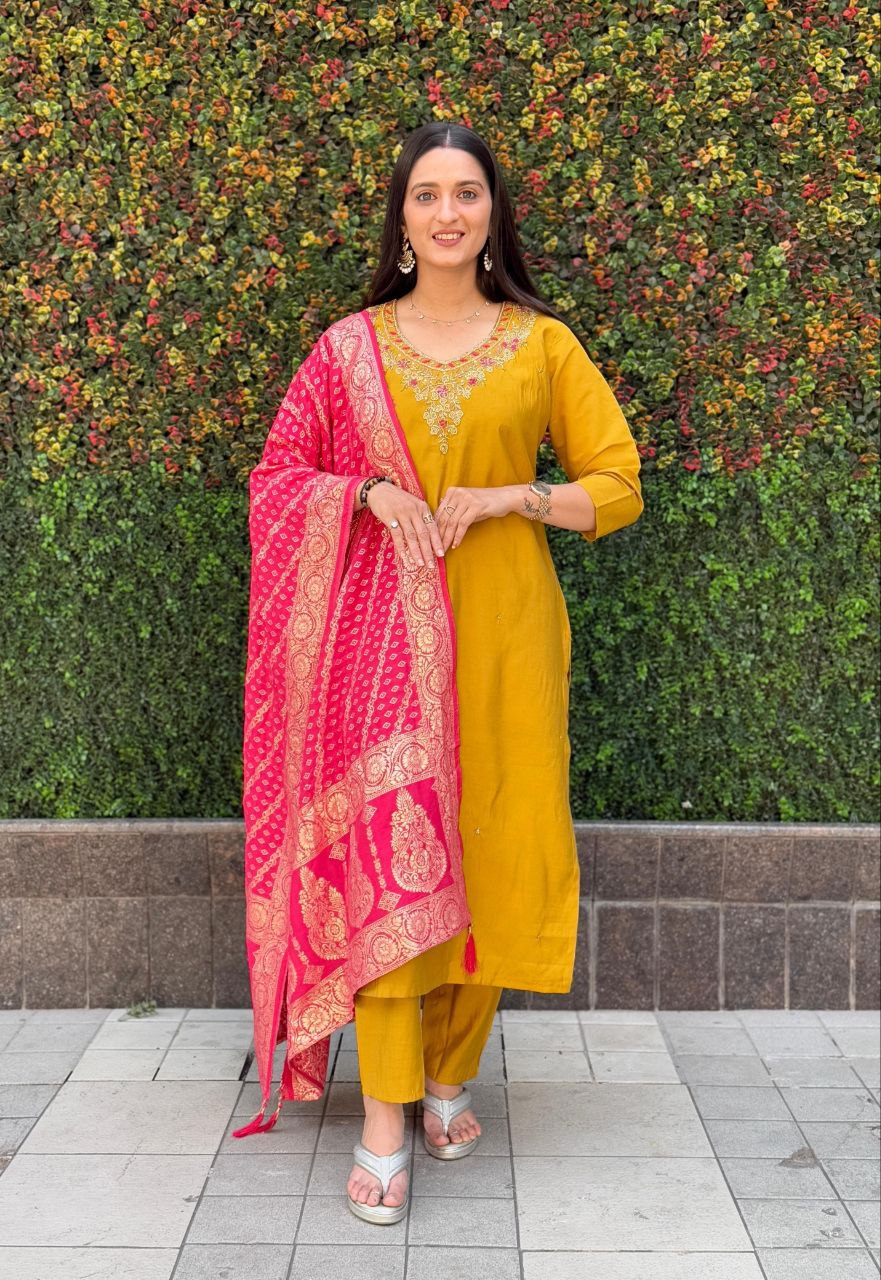 Lorenvalley Fashion Mustard Roman Silk Hand Work Kurta Pant with Dupatta