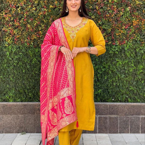 Lorenvalley Fashion Mustard Roman Silk Hand Work Kurta Pant with Dupatta