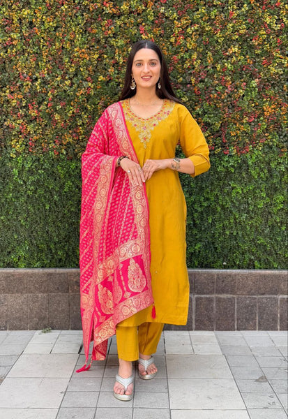 Lorenvalley Fashion Mustard Roman Silk Hand Work Kurta Pant with Dupatta