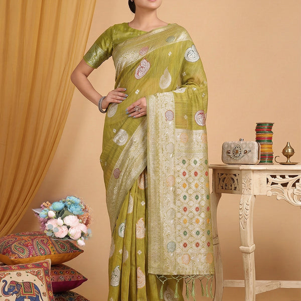 Anaita Mustard Linen Woven Work Saree With Blouse - Distacart