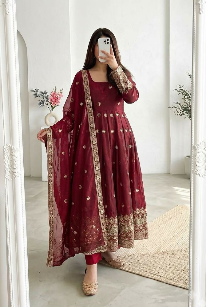 Teeya Creation New Latest Trendy Elegant Maroon Festive Anarkali Suit for Women - Dista