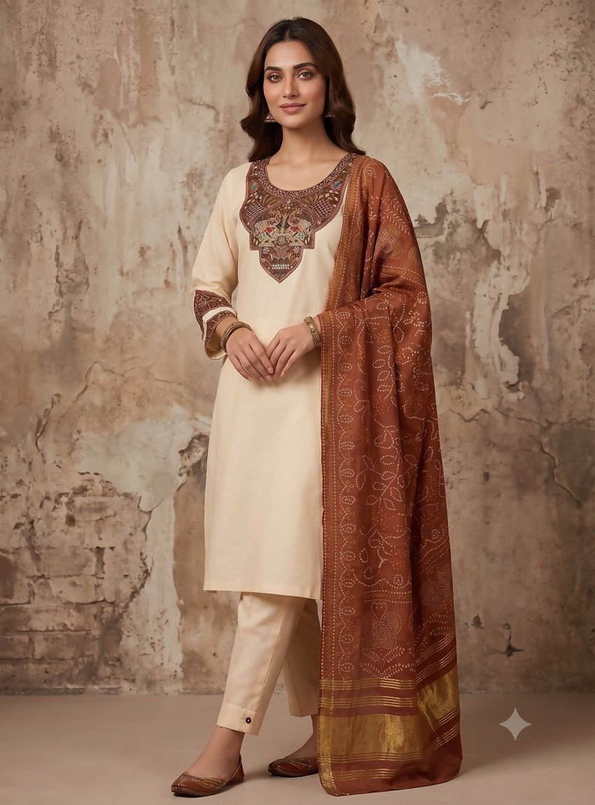 Teeya Creation Women Cream Embroidered Straight Kurta With Rust Bandhani Dupatta And Pant Set - Dista
