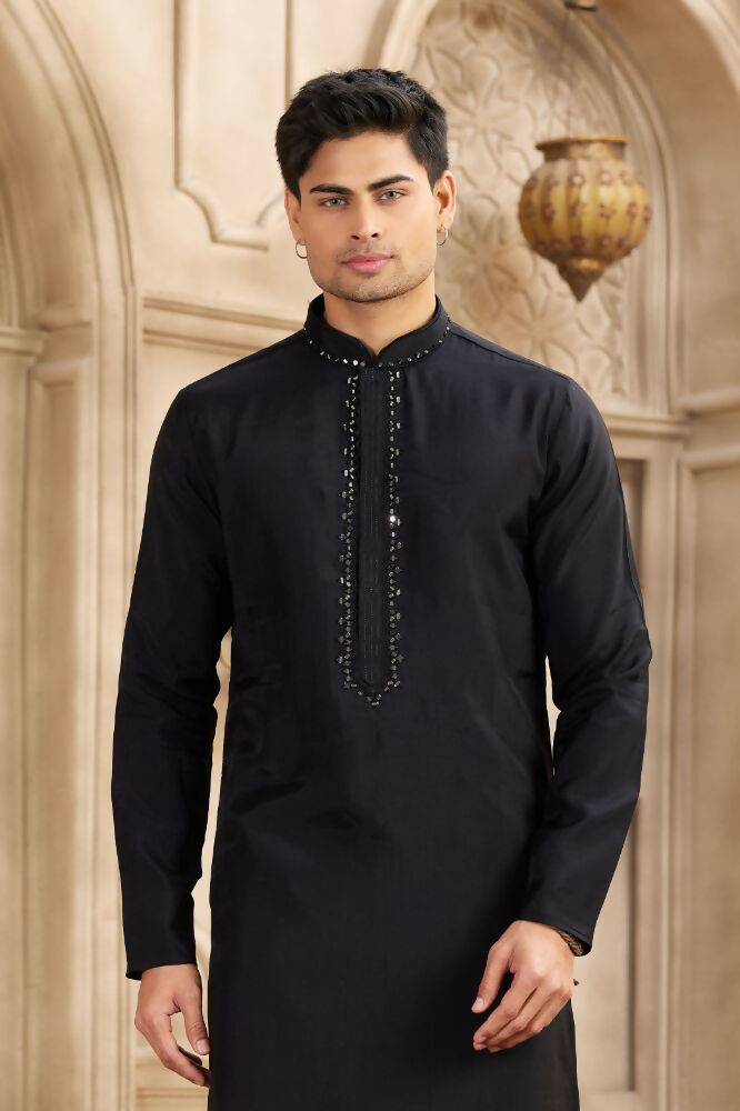 Raivat Ethnic Banarasi Art Silk Mirror Work Kurta Pajama In Black Colour