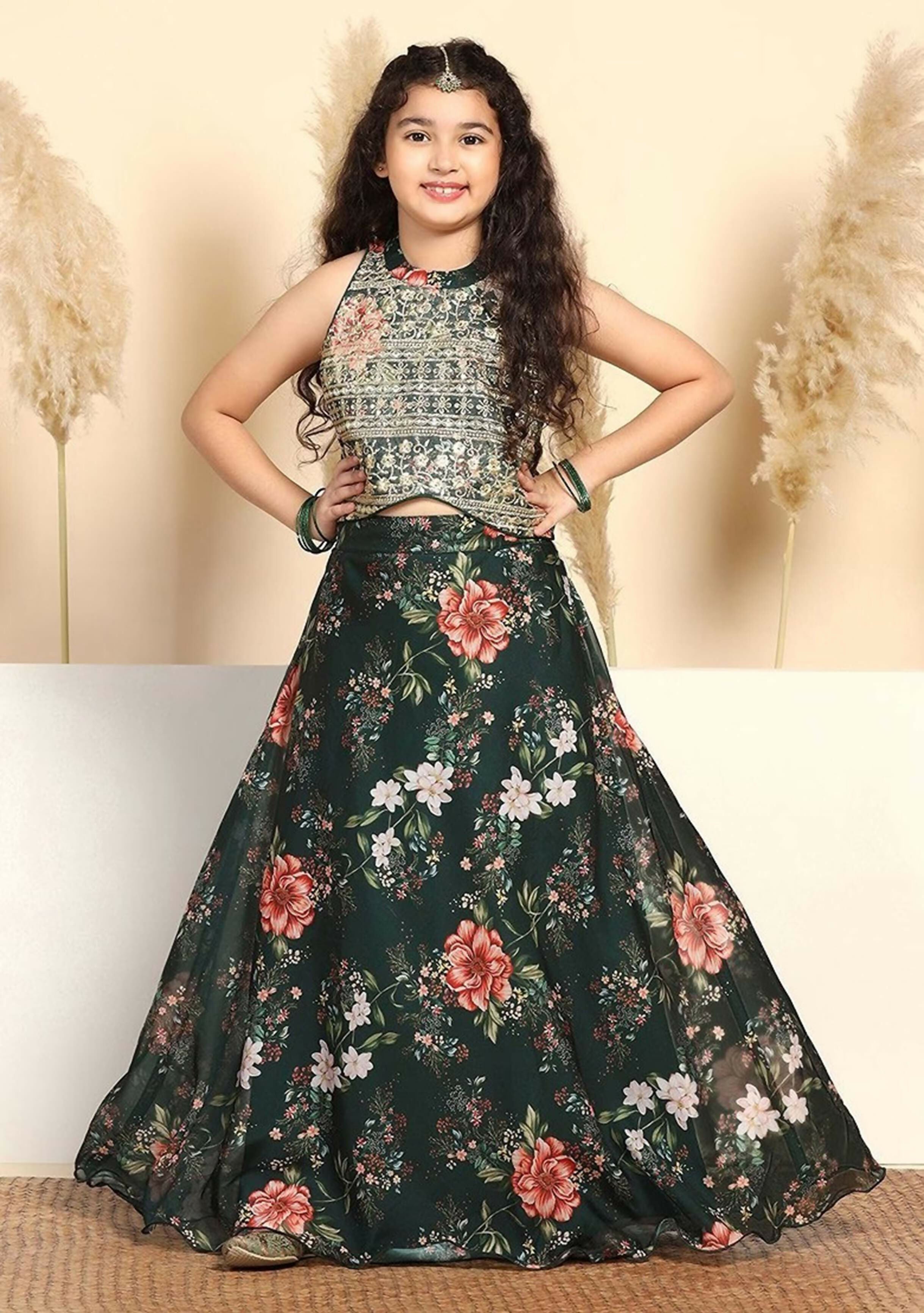 Joban Fashion Girl's Bottle Green Color Lehenga Choli